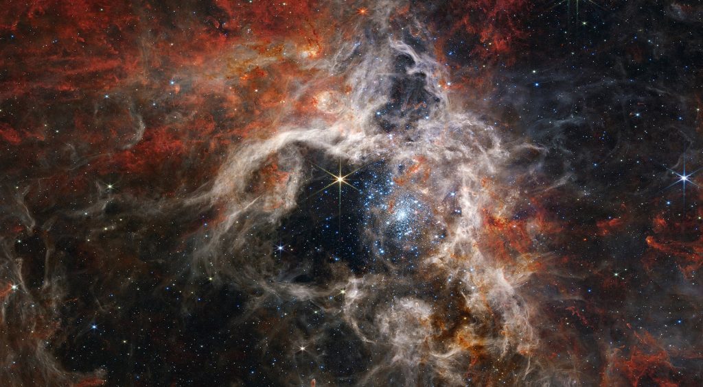 A James Webb Space Telescope (JWST) view of a star-forming region in the Large Magellanic Cloud.